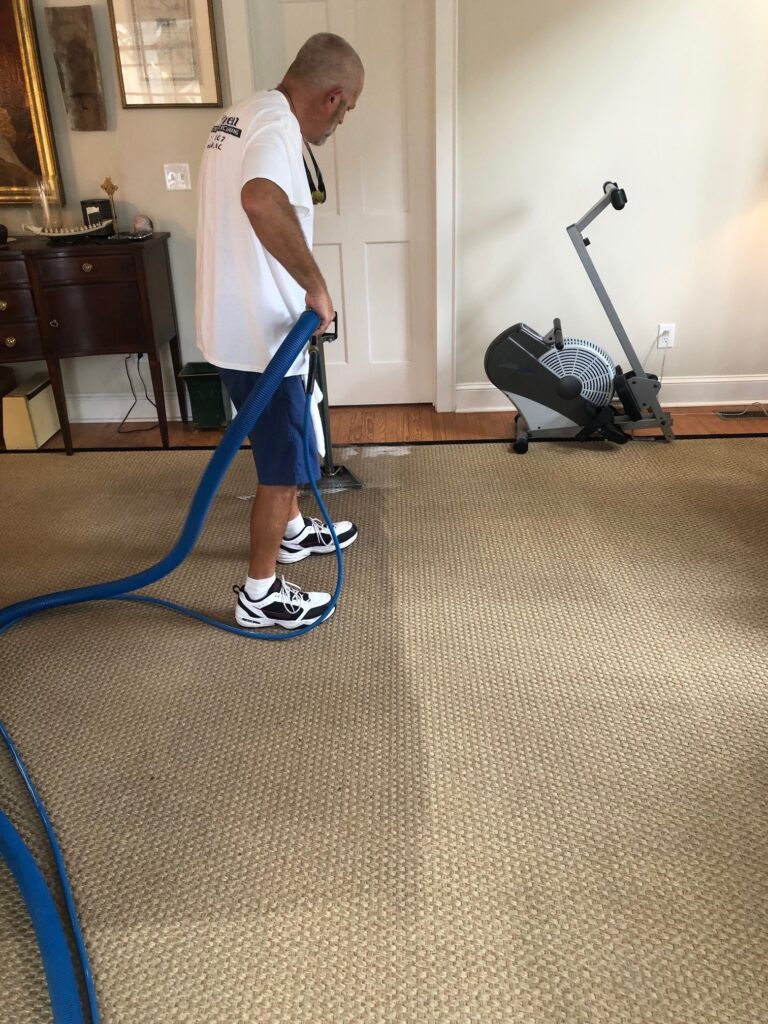 Technician cleaning residential carpet with a wand